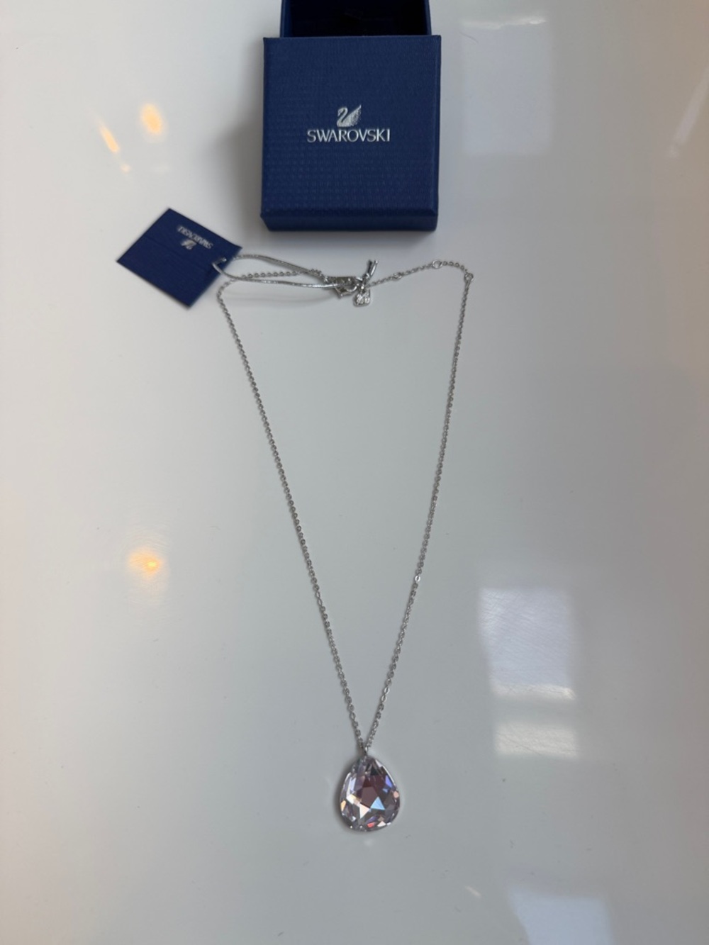 Swarovski Pink Crystal Teardrop Pendant Necklace NWT w/ Box -Silver Tone - Picture 2 of 7